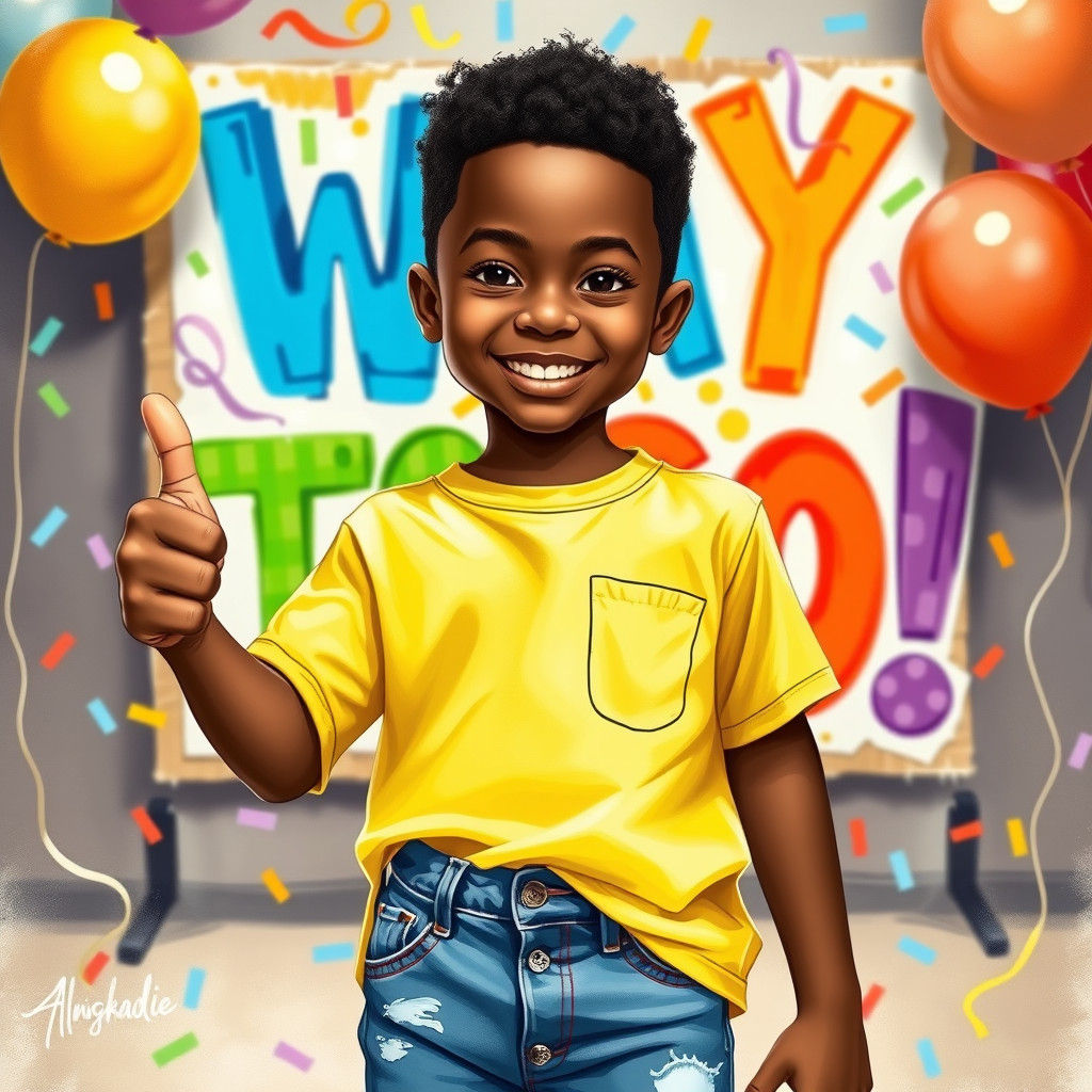 Joyful Boy Celebrates Success in Colorful Portrait