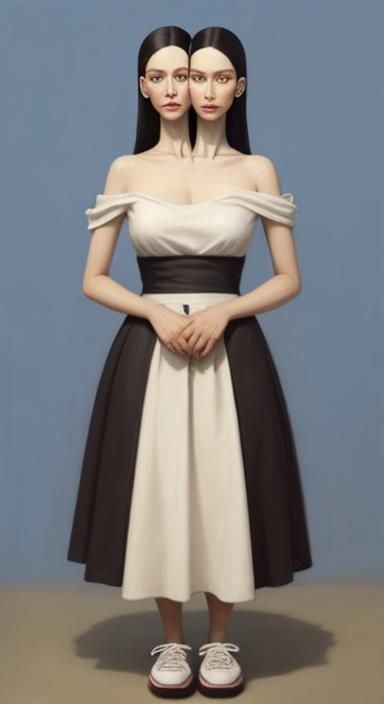 Surreal Two-Headed Girl in a Weird Anatomy Painting