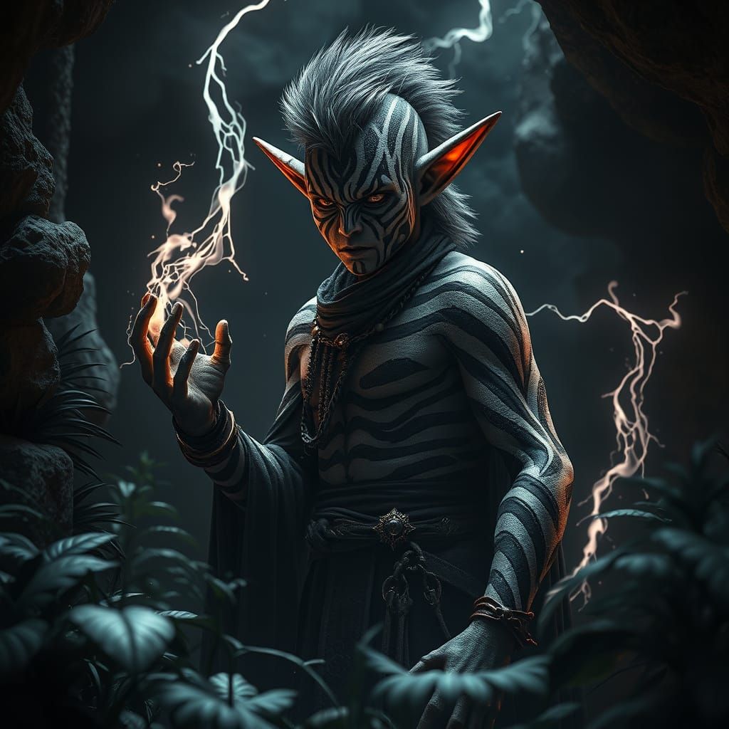Dark Elf Mage in a Thunderous Black Cave