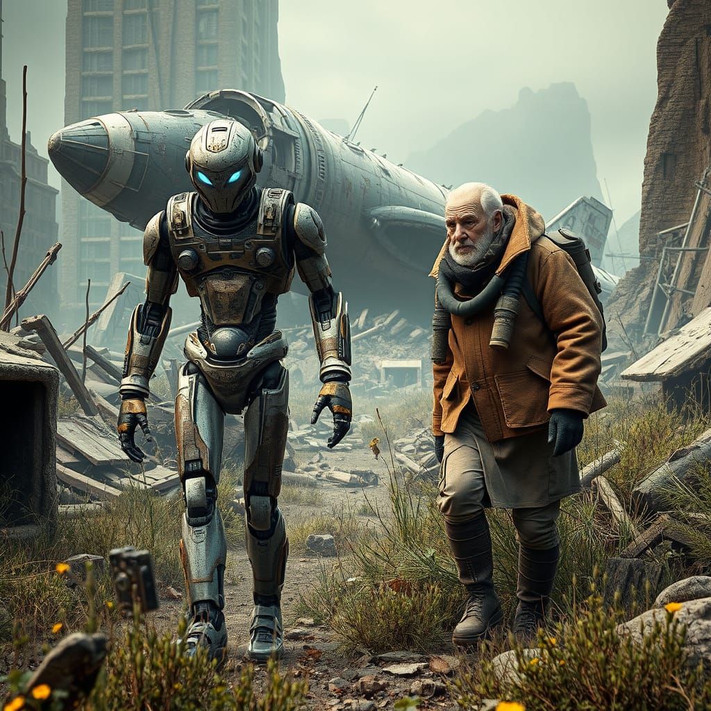 Android Robot Explores Abandoned Cityscape Amidst Crashed Sp...