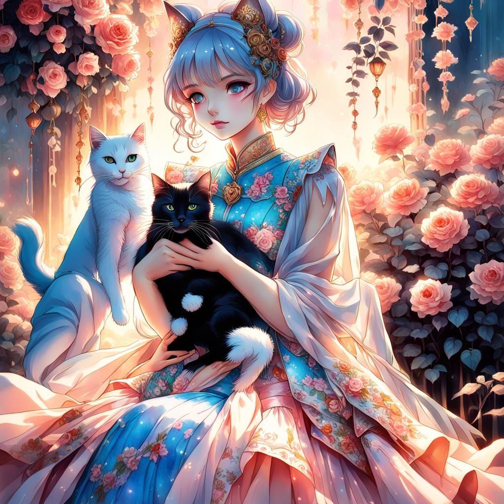 Anime Girl with Rose and Cat in Soft Light