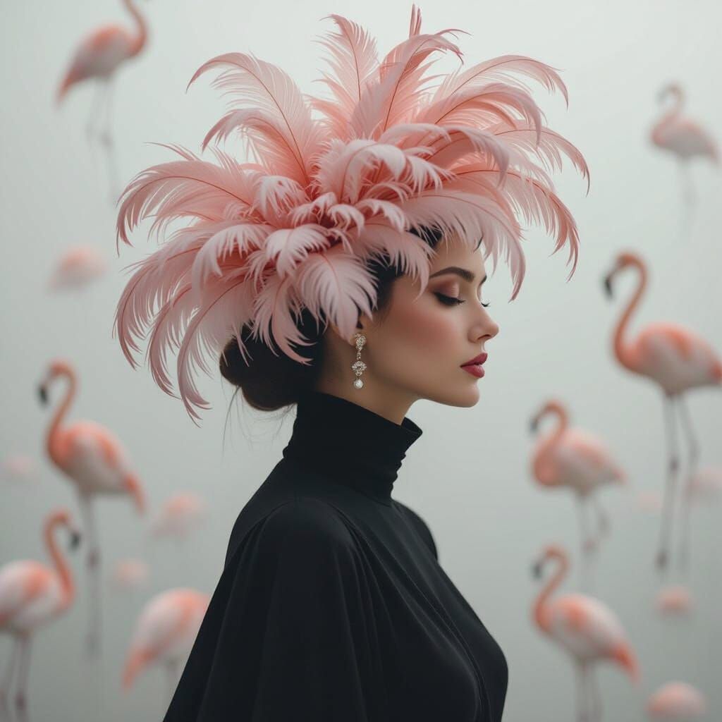 Ethereal Woman with Flamingo Feather Halo