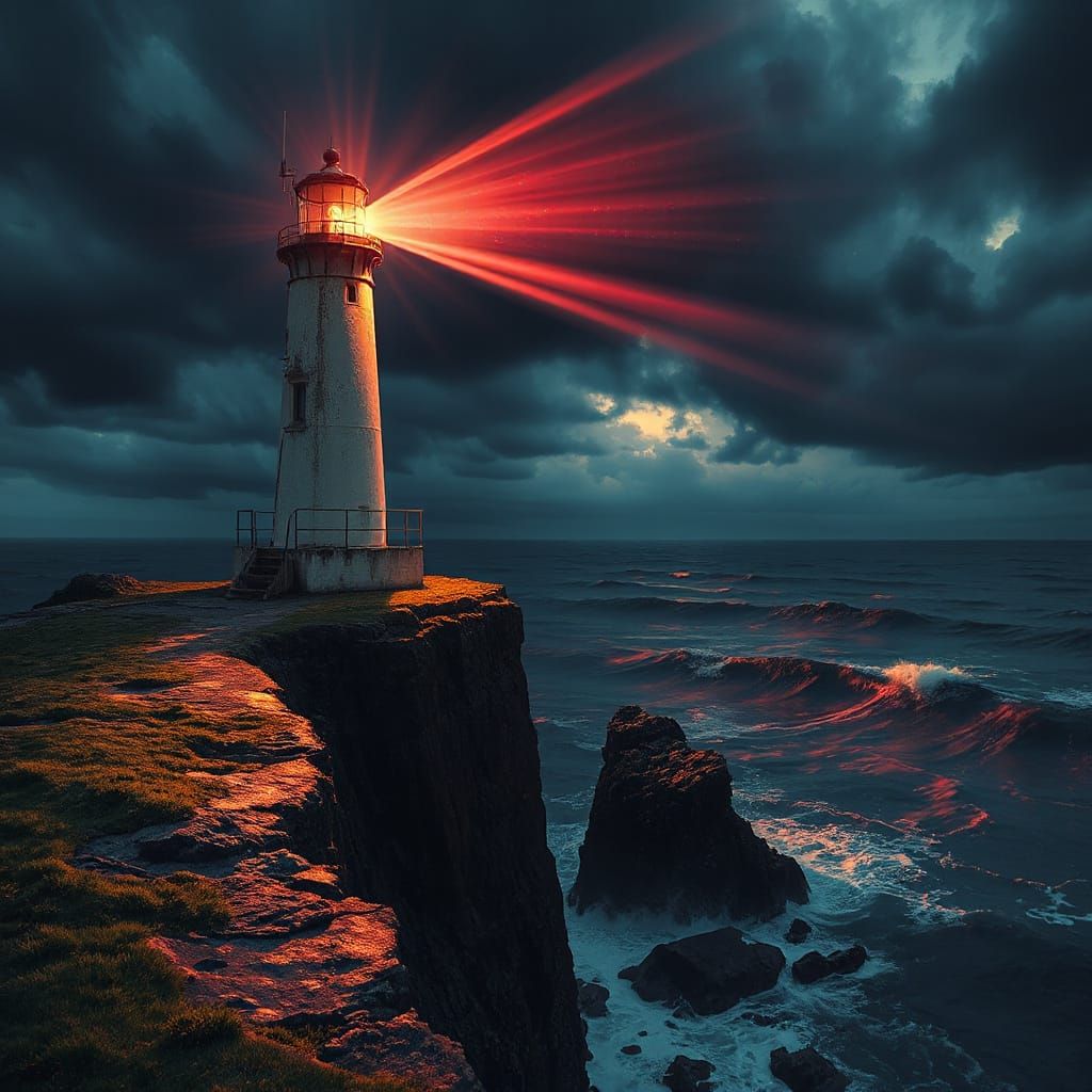 Lighthouse Beam as Watermelon Juice in Stormy Sea