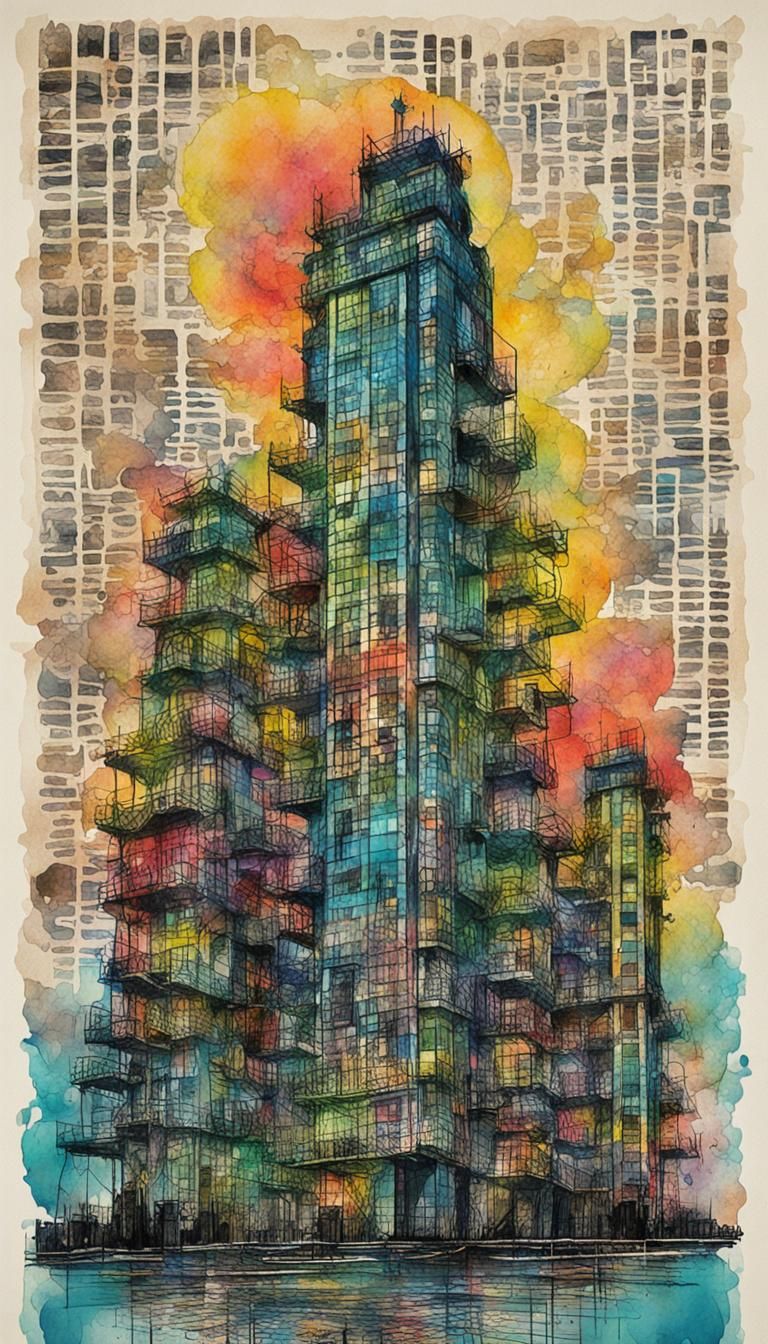 Whimsical Typographic Skyscraper Poster in Colored Ink