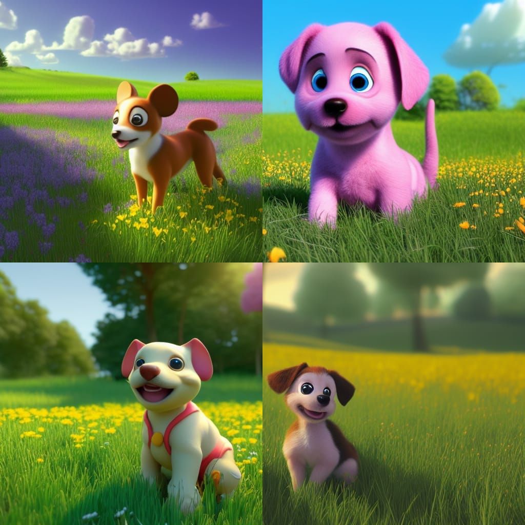 Baby Dog in Flower Meadow: Pixar Style