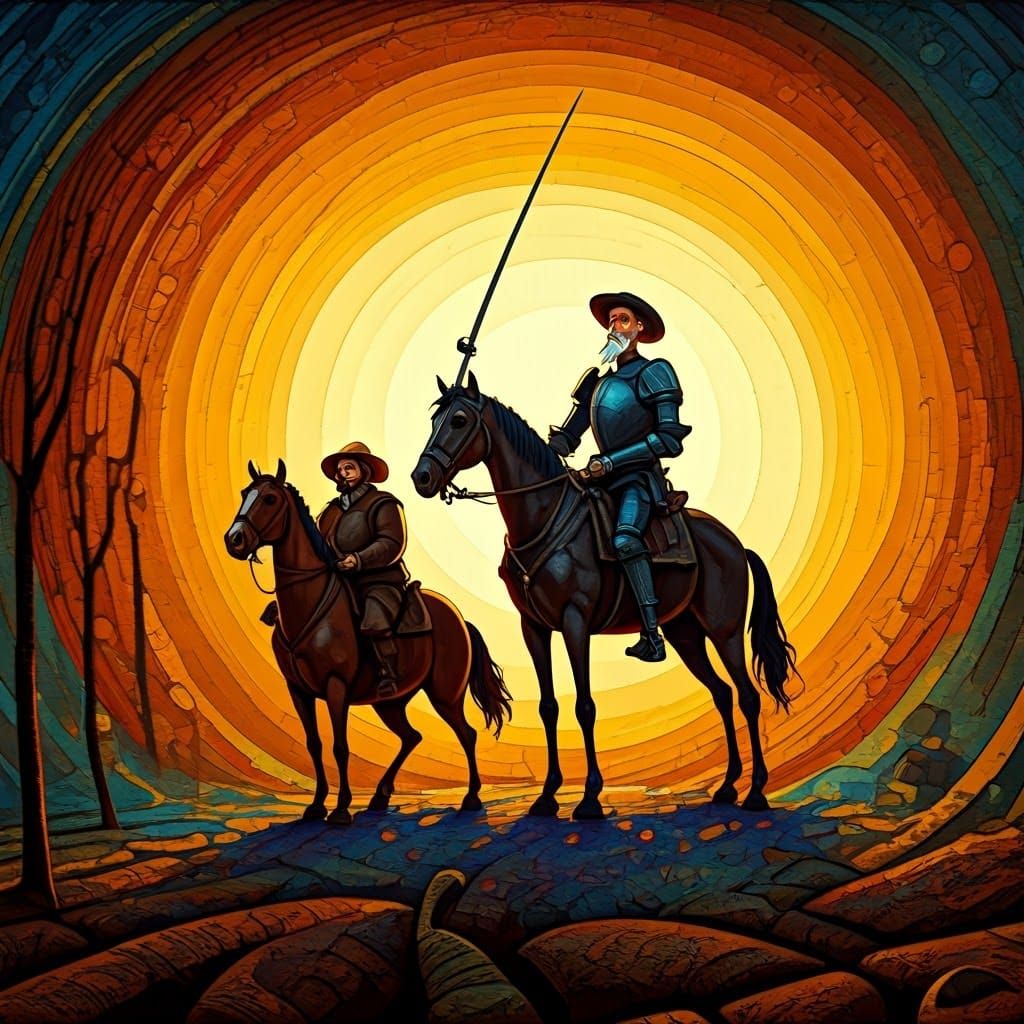 Don Quixote in Vibrant Dreamlike Landscape