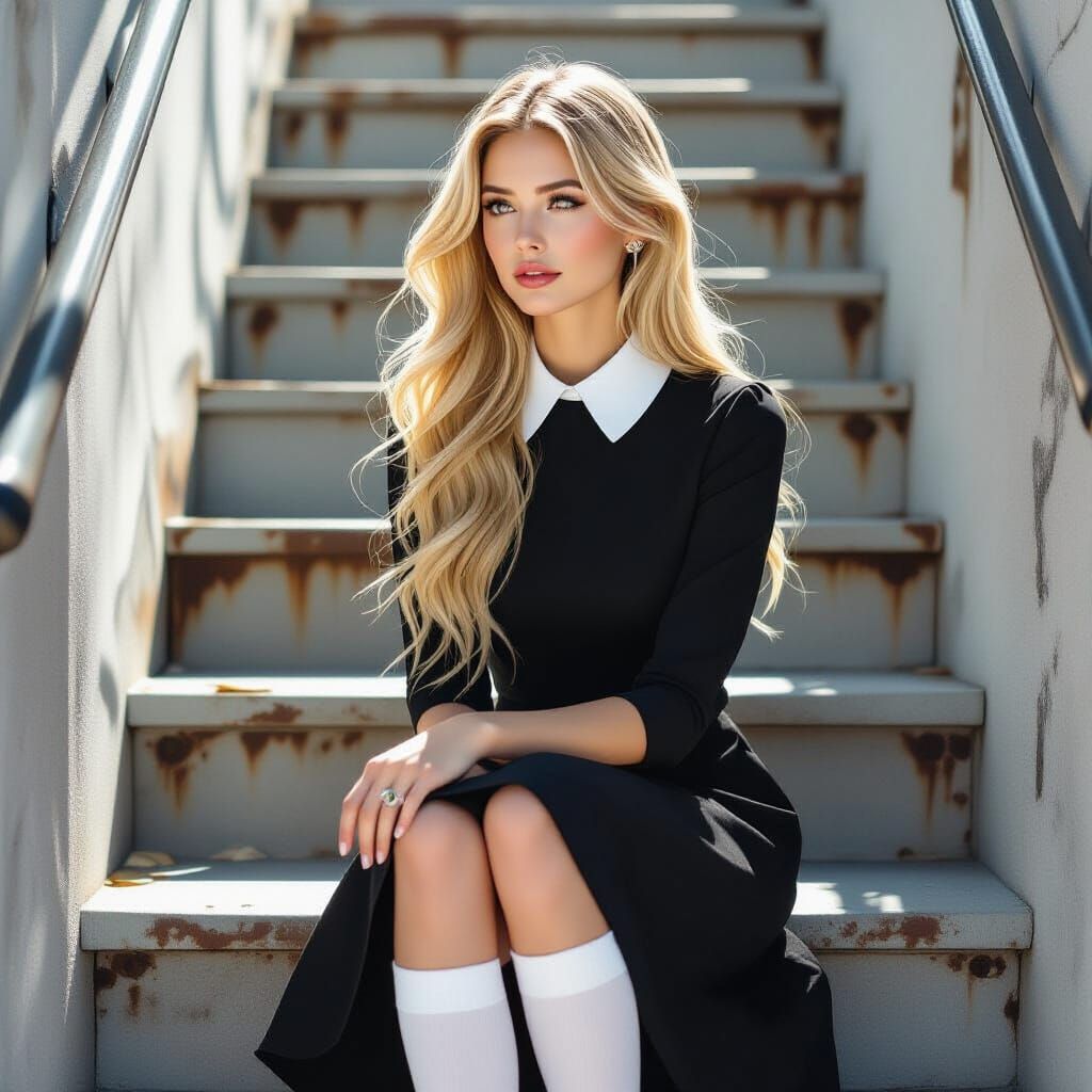 Blonde Woman in Black Dress on Stairs, Ethereal Style