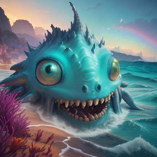 Whimsical Cthulhu Emerges from Sea: Digital Illustration