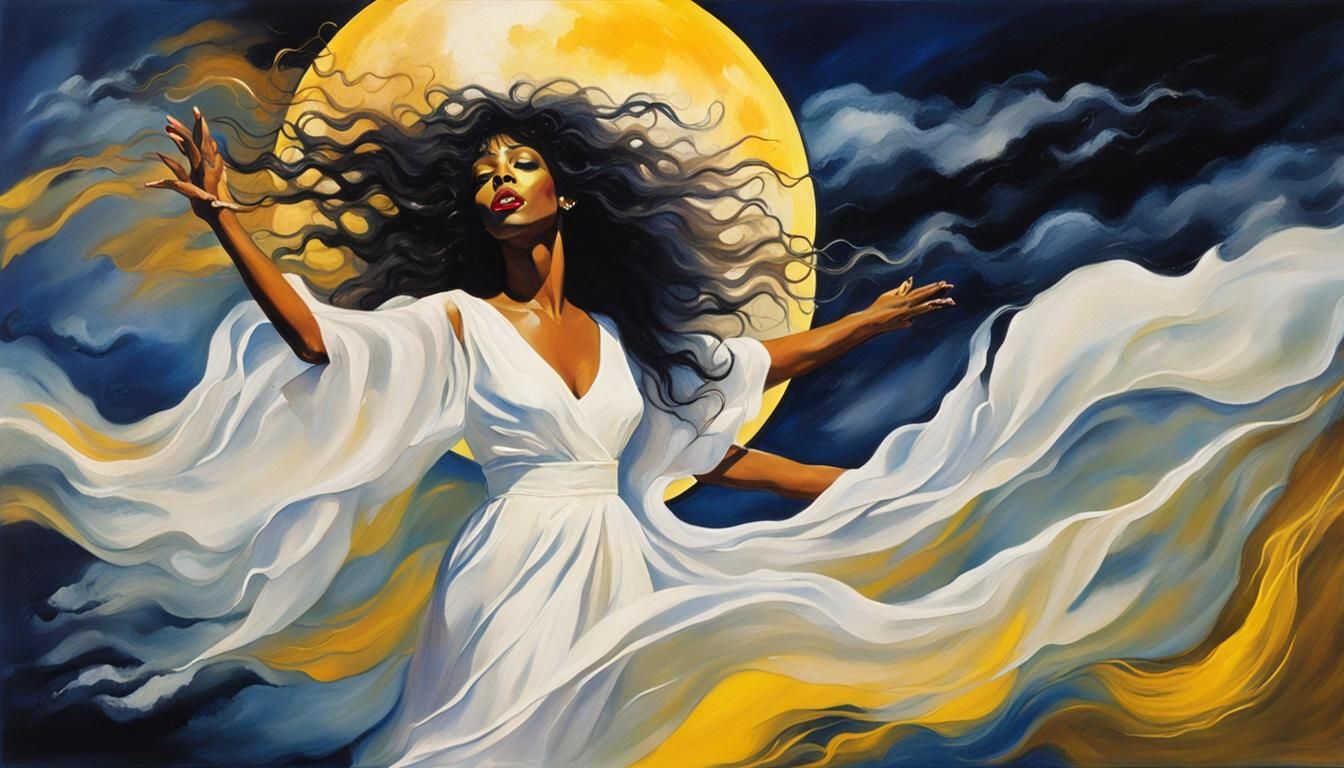 Singer in White Silk Dress with Flowing Hair