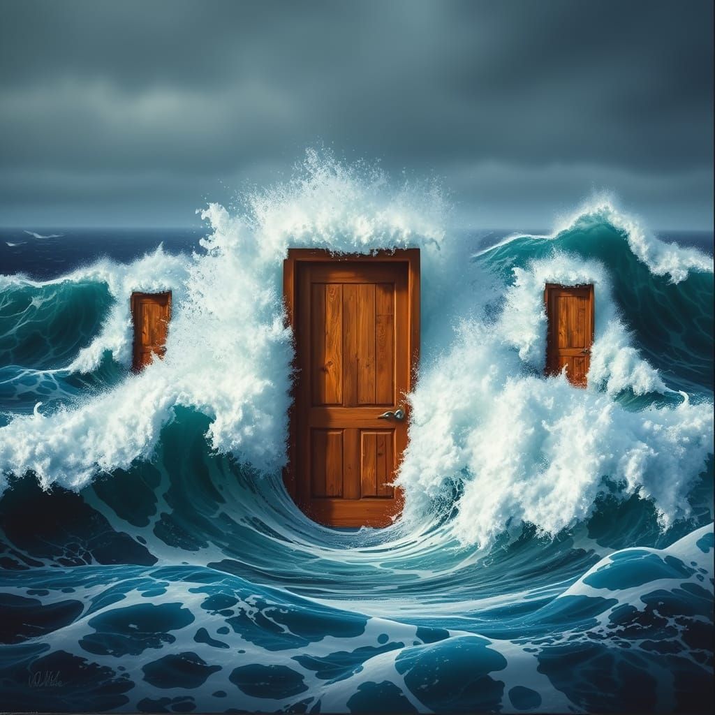 Surreal Ocean Waves with Doors, Dreamlike Image