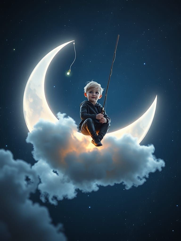 Serene Boy on Crescent Moon, Fishing in Celestial Expanse