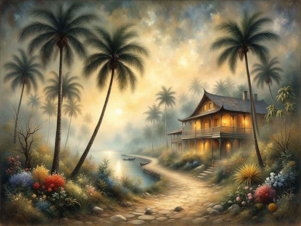 Misty Tropical Morning Path to Colonial Mansion