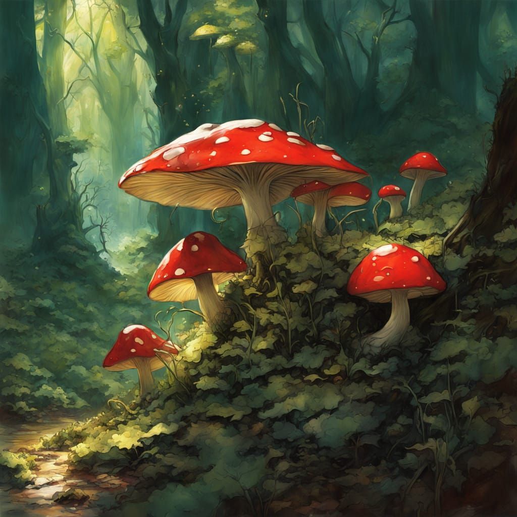 Whimsical Futuristic Mushrooms Sprout in Emerald Dreamscape