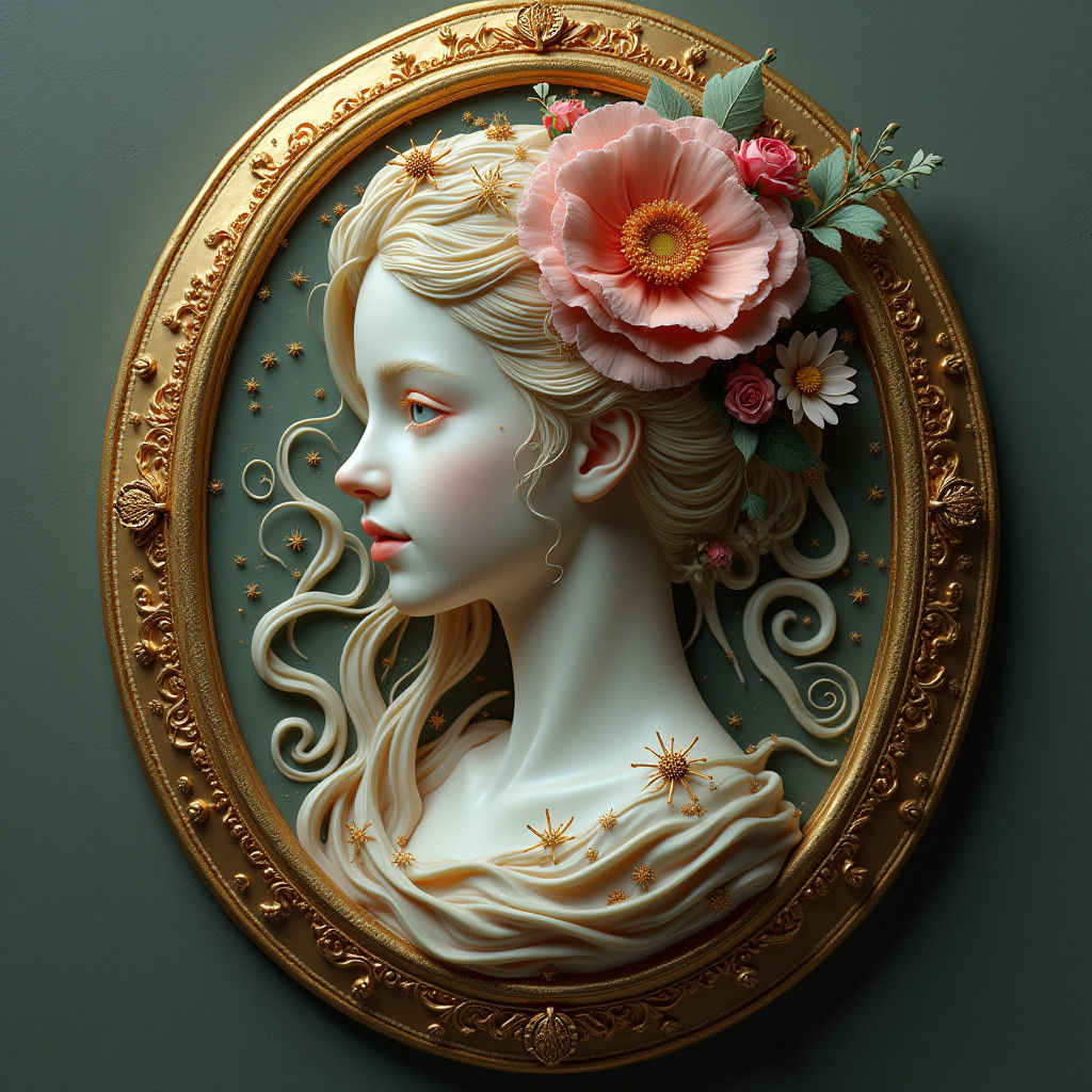Floral Cameo Portrait in Surreal Digital Art Style