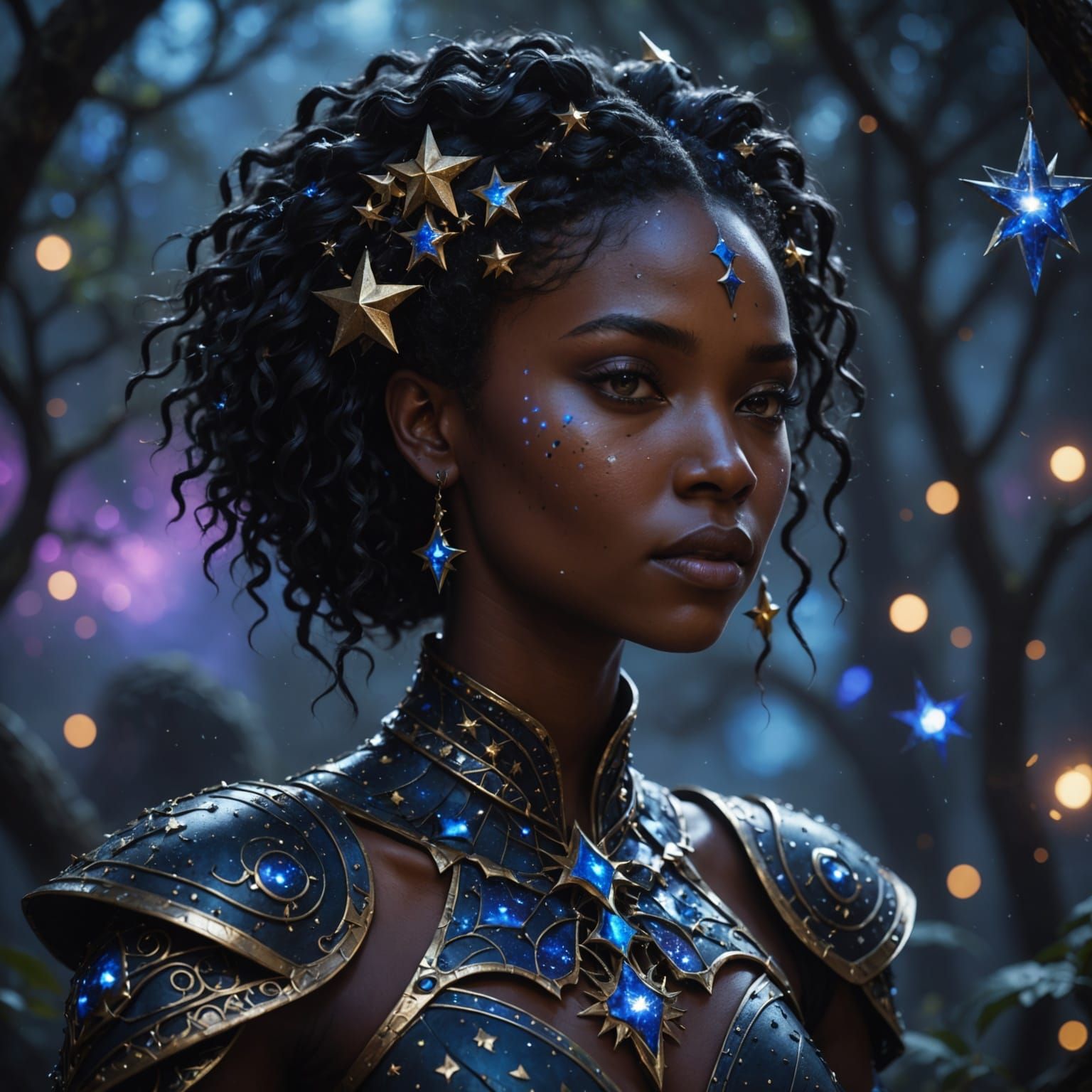 Fantastical Fay Woman in Ebony Skin with Starry Hair, Detail...