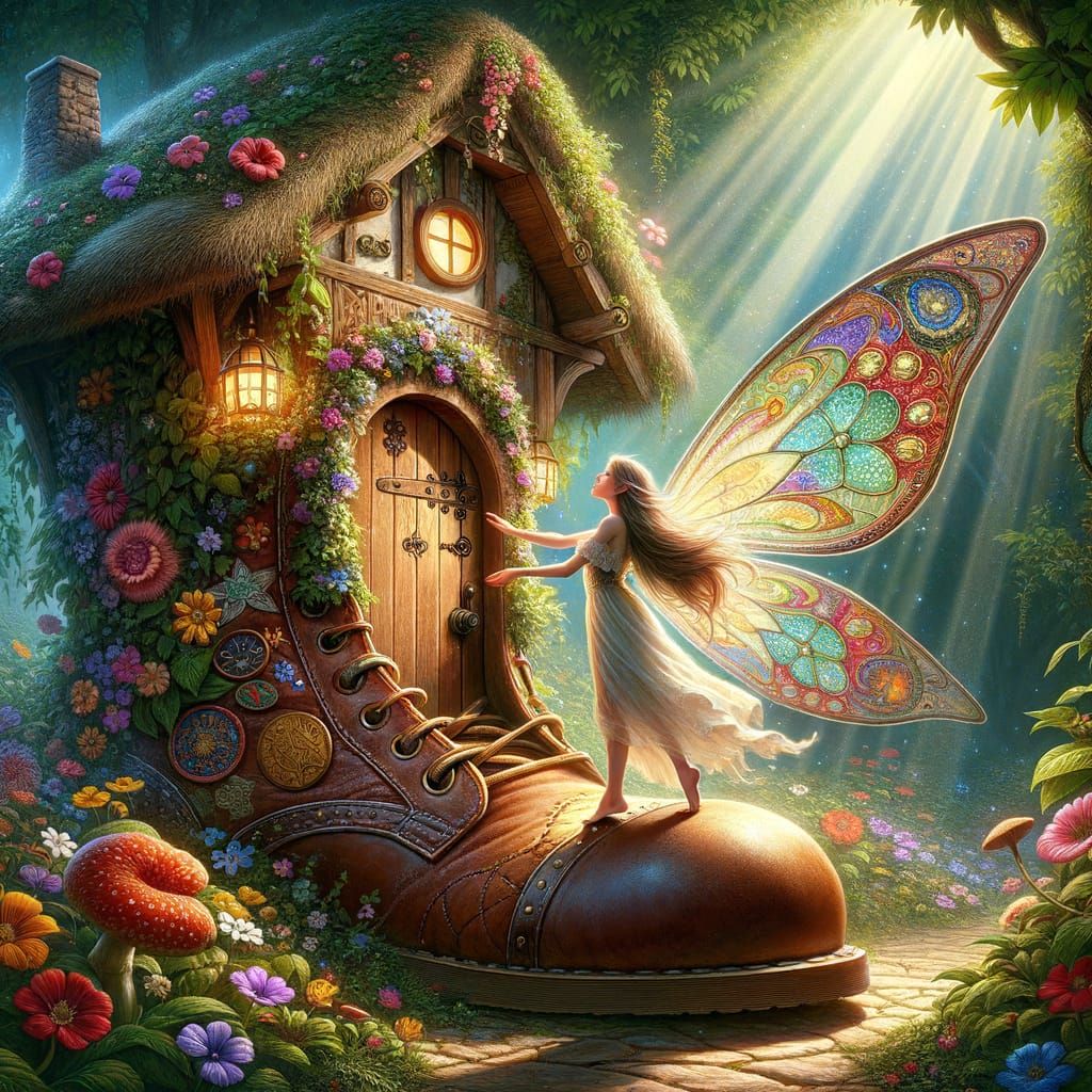 Fairy Opens Boot House Door Amidst Flowers