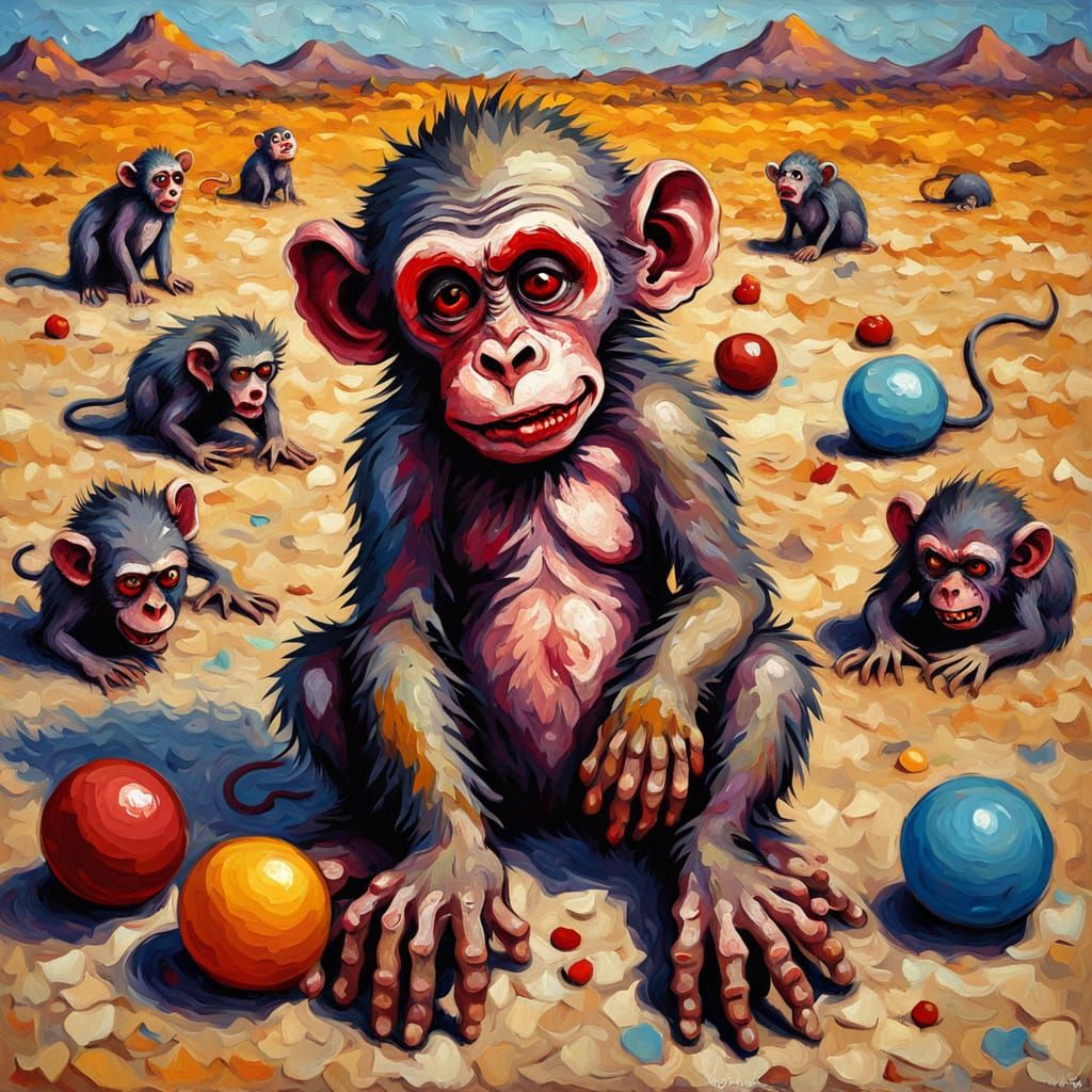 Zombie Monkey Clown Infant in Expressionist Desert Painting