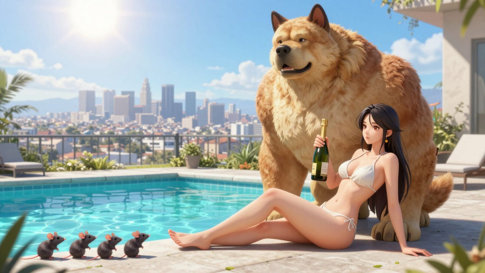 Giant Dog, Rats, and Woman by LA Pool