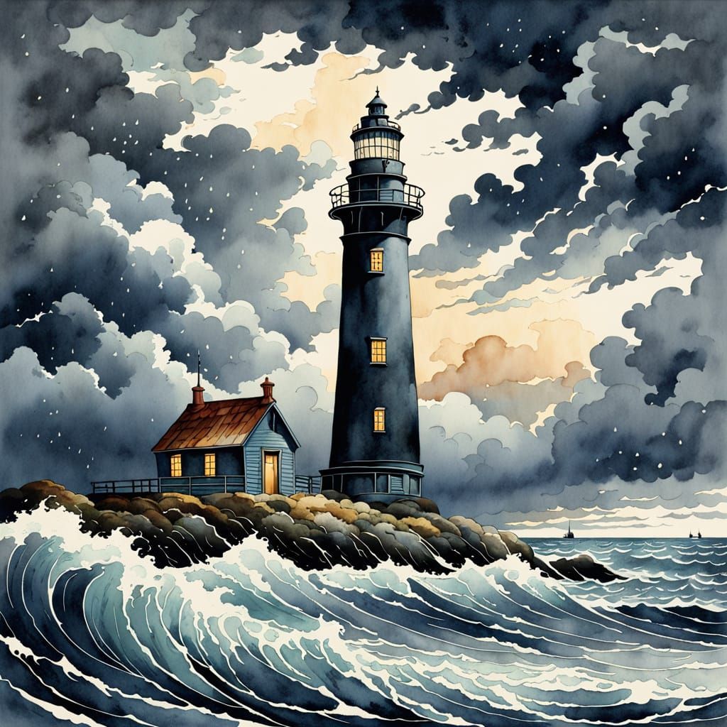 Vintage Lighthouse Keeper in Turbulent Stormy Seas