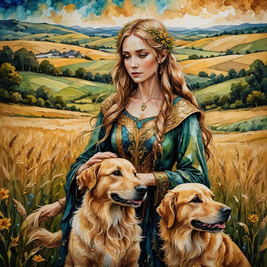 Elven Woman with Golden Retriever in Impasto Style