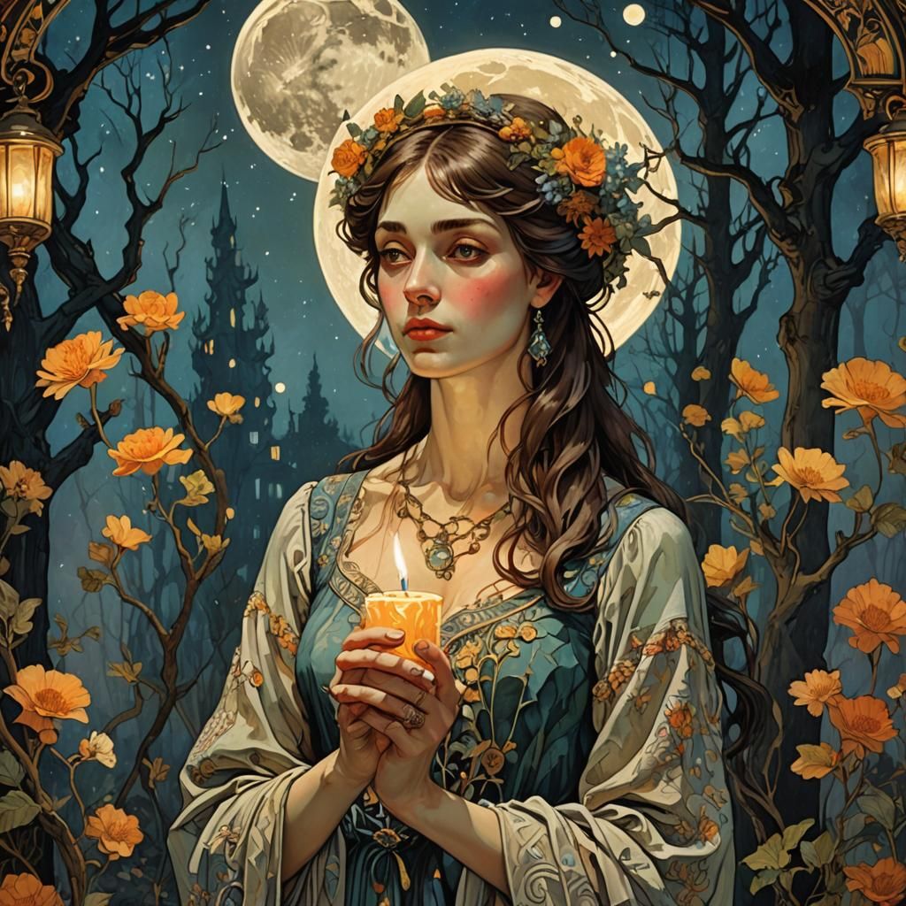Mystical Woman with Candle in Art Nouveau Style