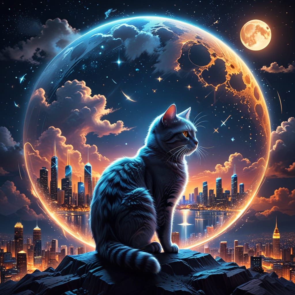 Neon Cat Silhouette in Hologram Cityscape