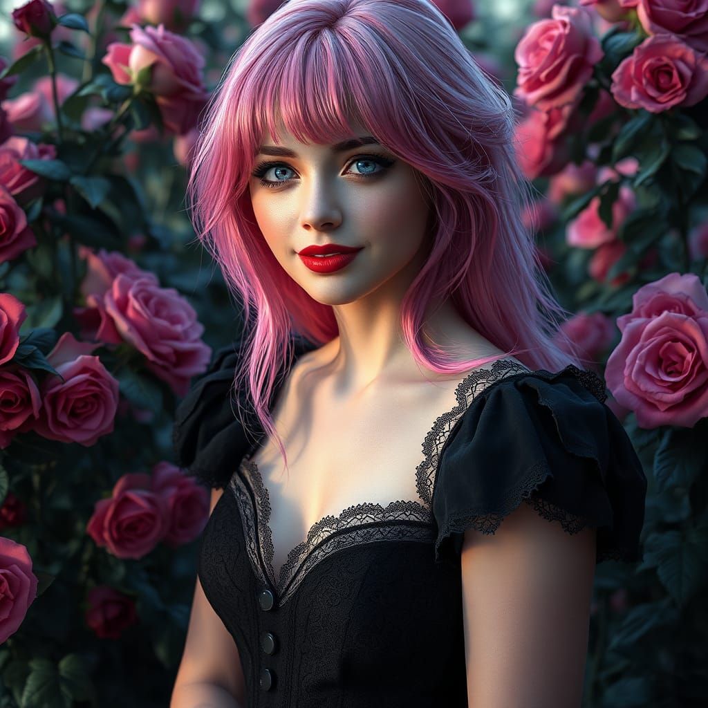Pink Haired Woman in Black Rose Garden, Hyperdetailed Art