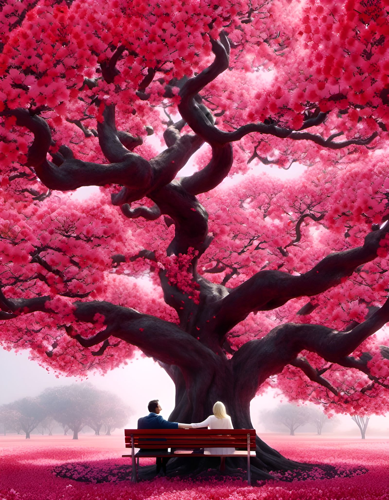 Couple Under Heart Flower Tree in Fantastical Matte Painting