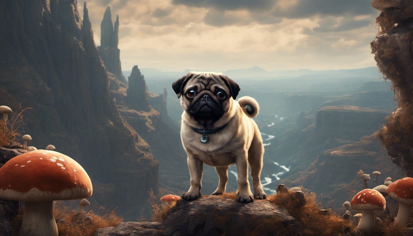 Pug Overlooking Canyon in Detailed Matte Painting