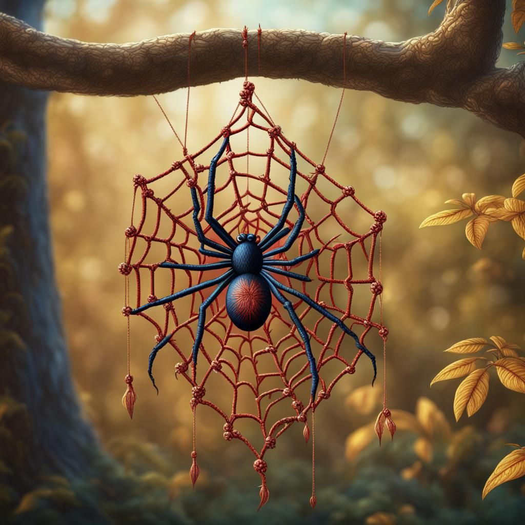 Embroidered Spider on Tree: Whimsical 8k Image