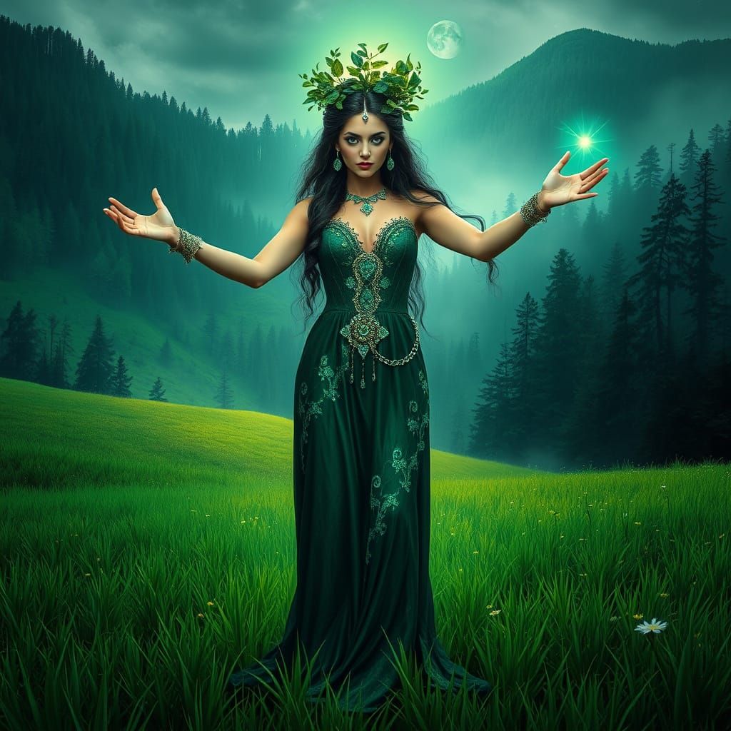 Nature Mage in Emerald Gown Shines in Lush Meadow