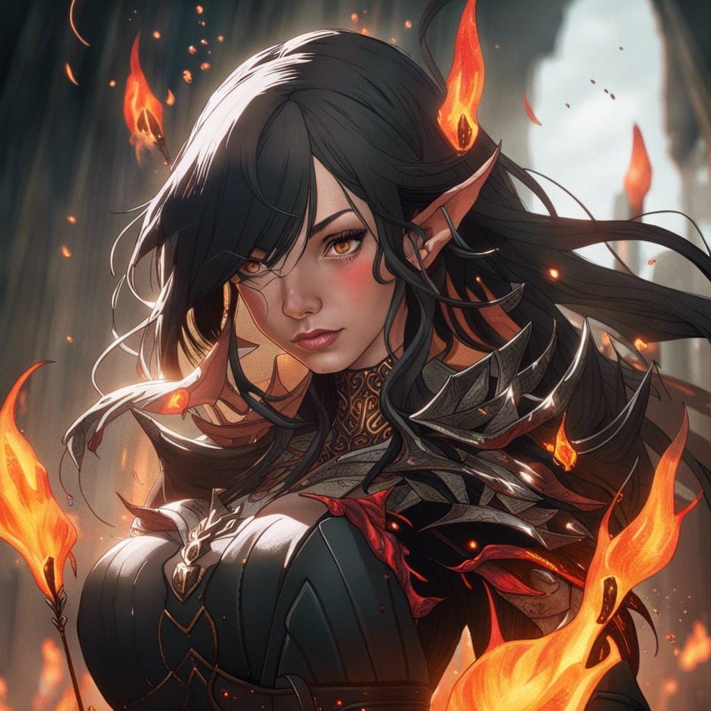 Fiery Female Elf in Detailed Matte Painting