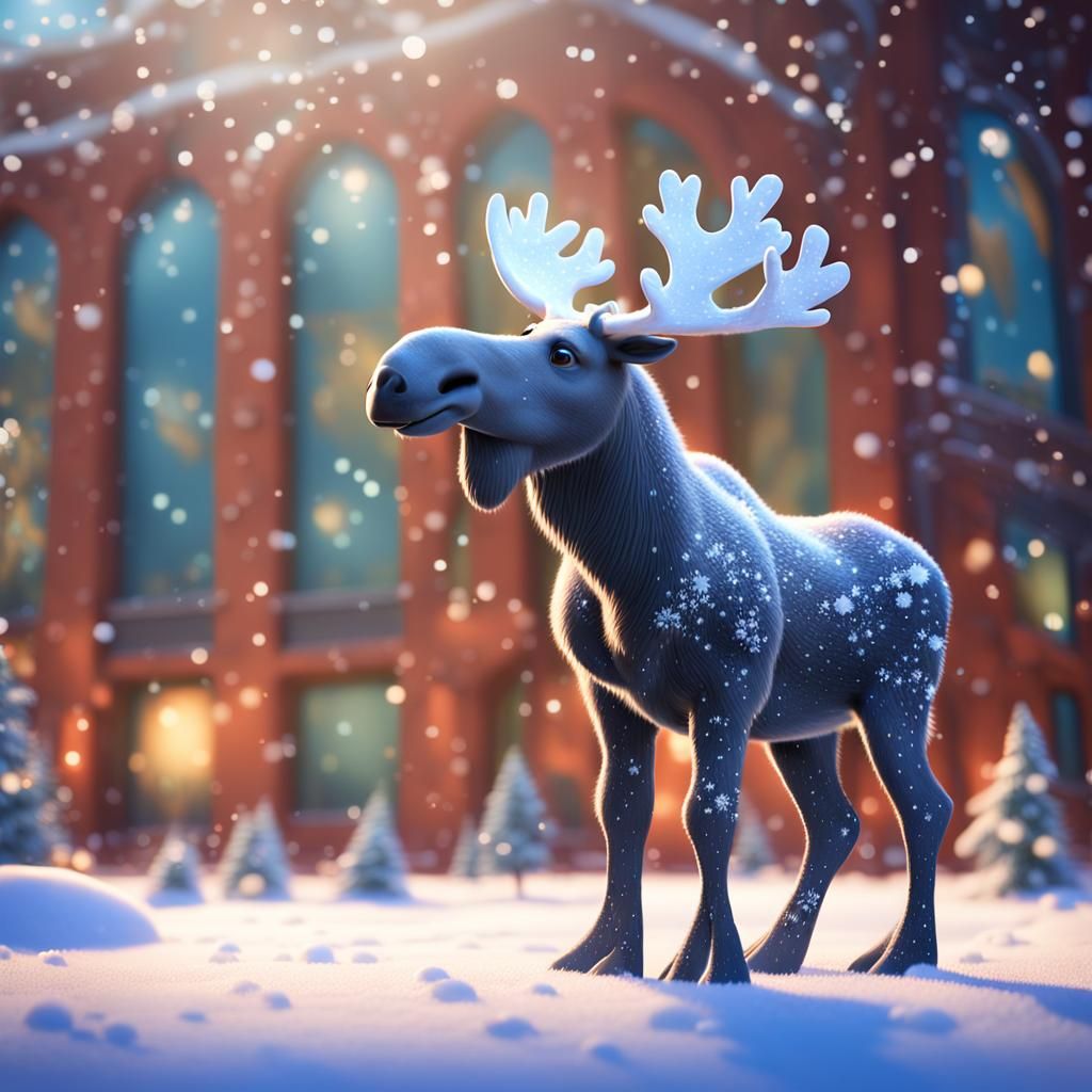 Baby Moose with Snowflakes Outside Museum