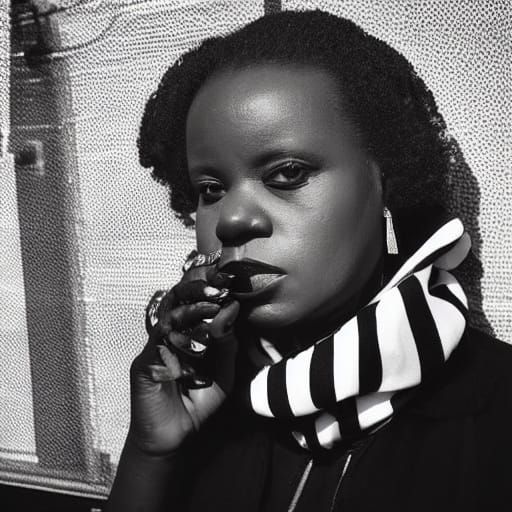 Albino Woman on Motorbike with Red Phone Booth