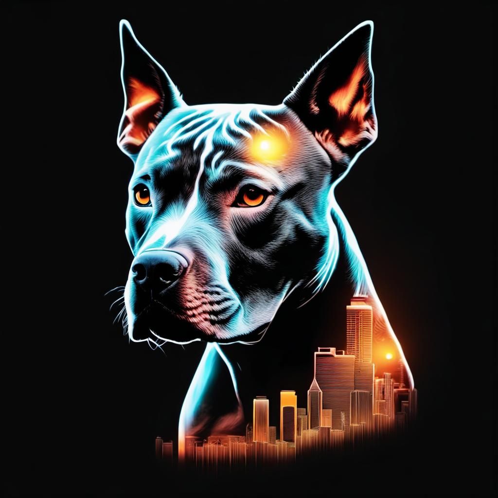 Mystical Pitbull Silhouette in Cityscape Double Exposure