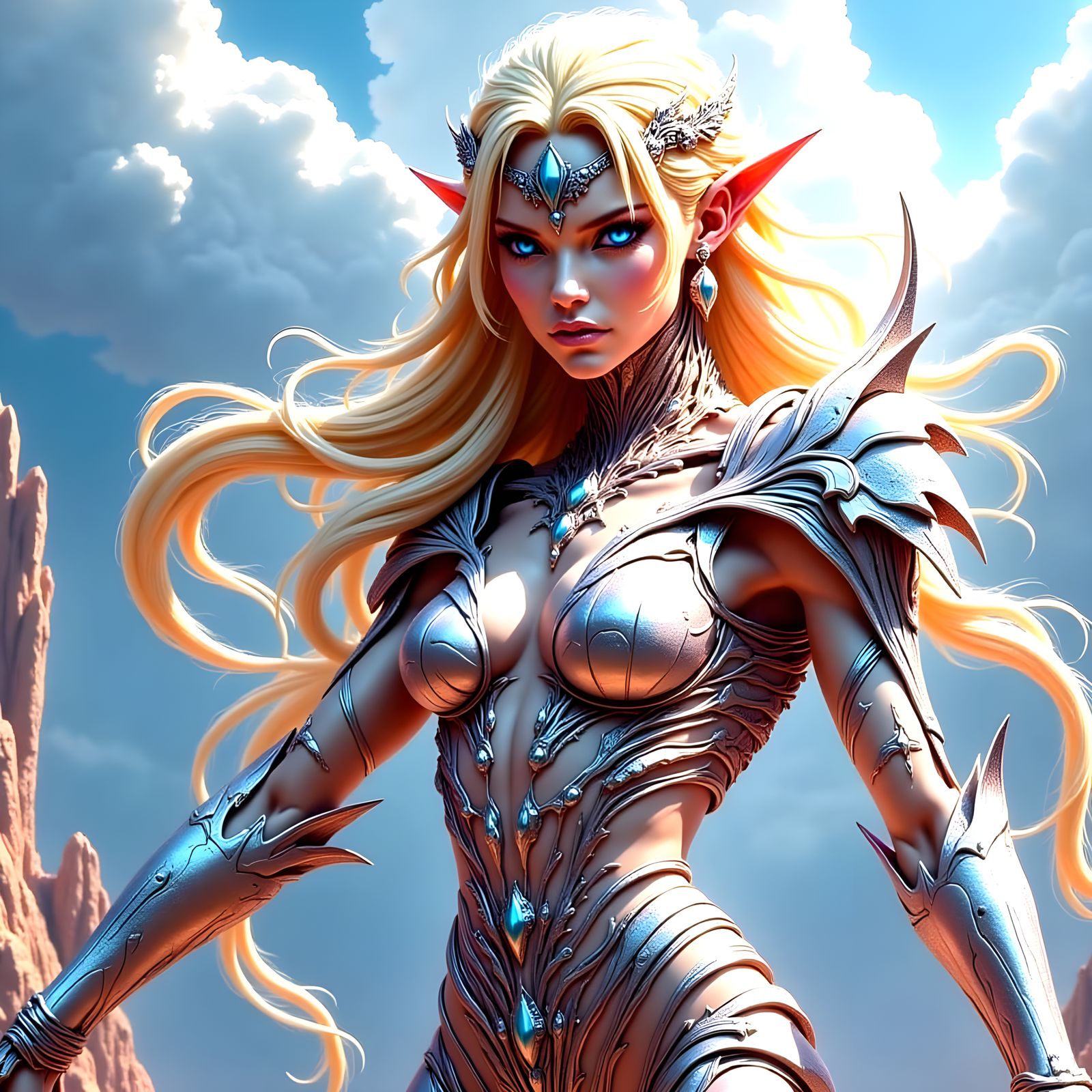 Cyberpunk Goddess Beckons with Steel-Blue Gaze