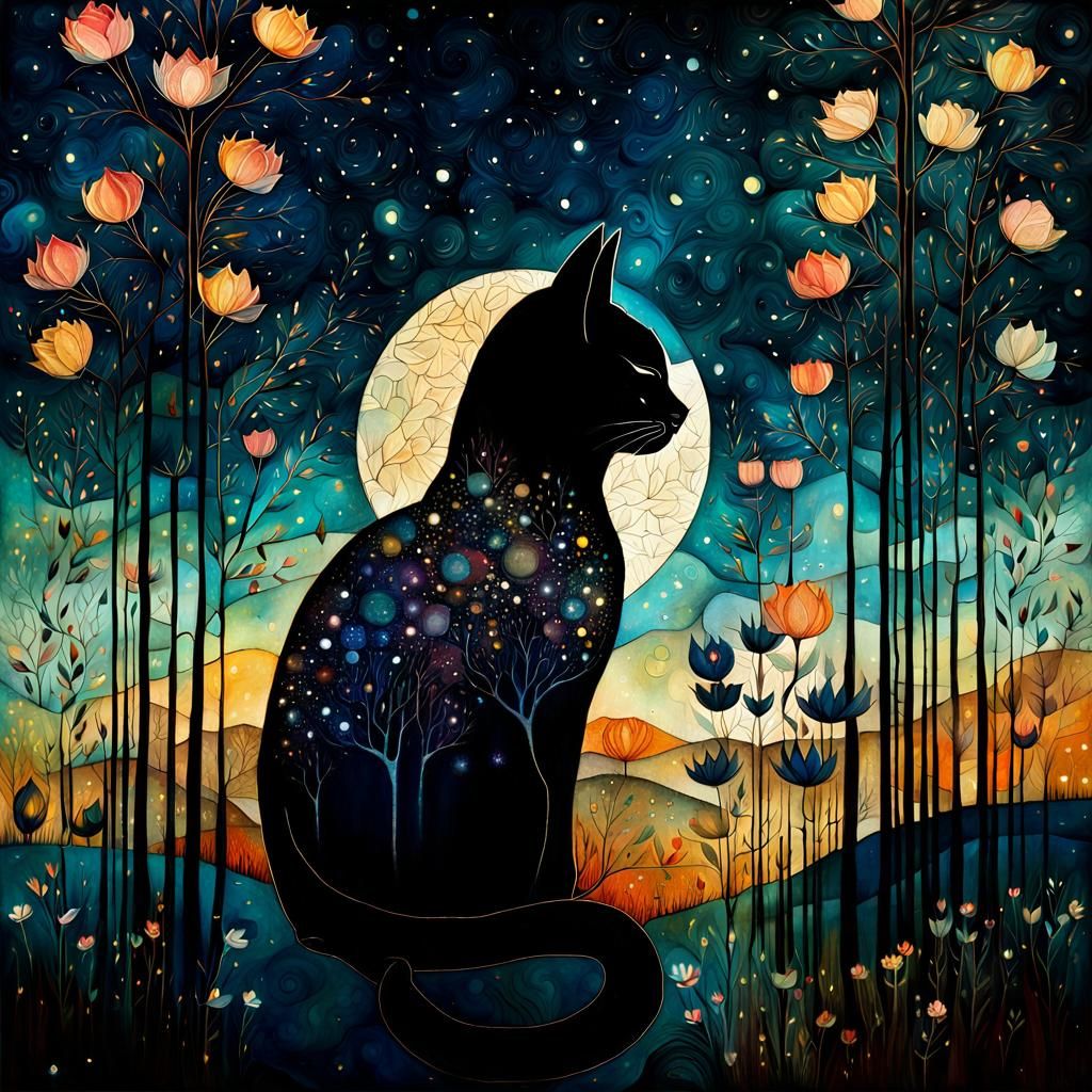 Whimsical Cat Under Night Sky in Folk Art Collage