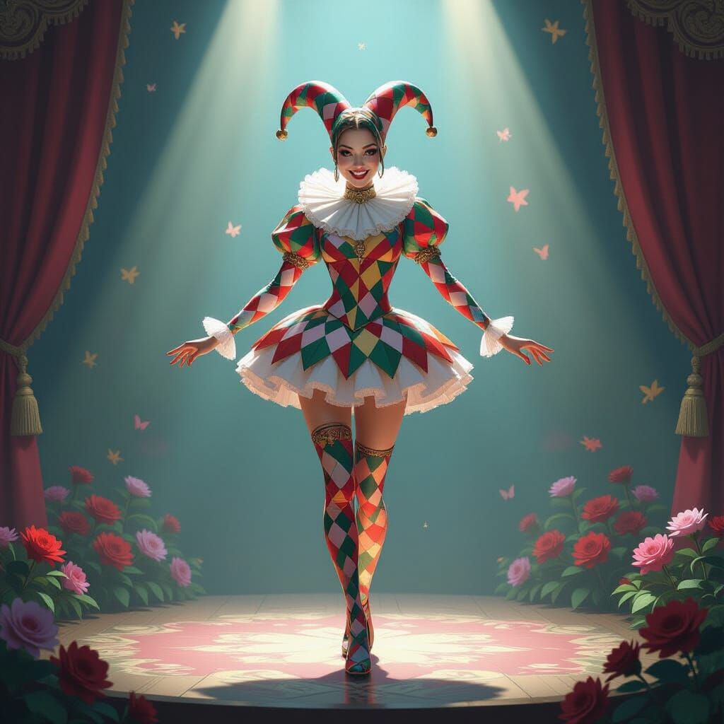 Harlequin on Stage in Hyperrealistic Style