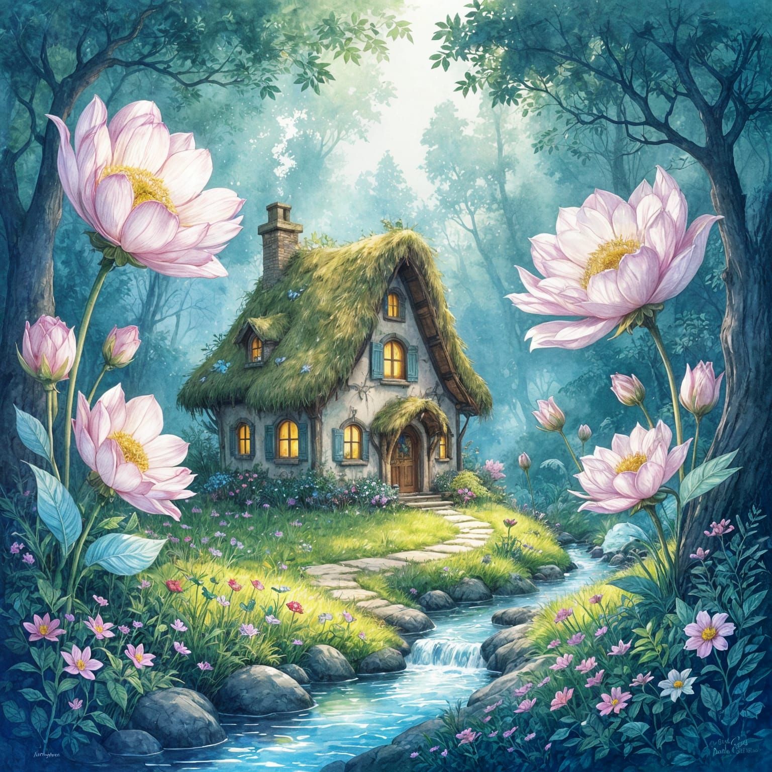 Whimsical Cottage in Bioluminescent Enchanted Forest