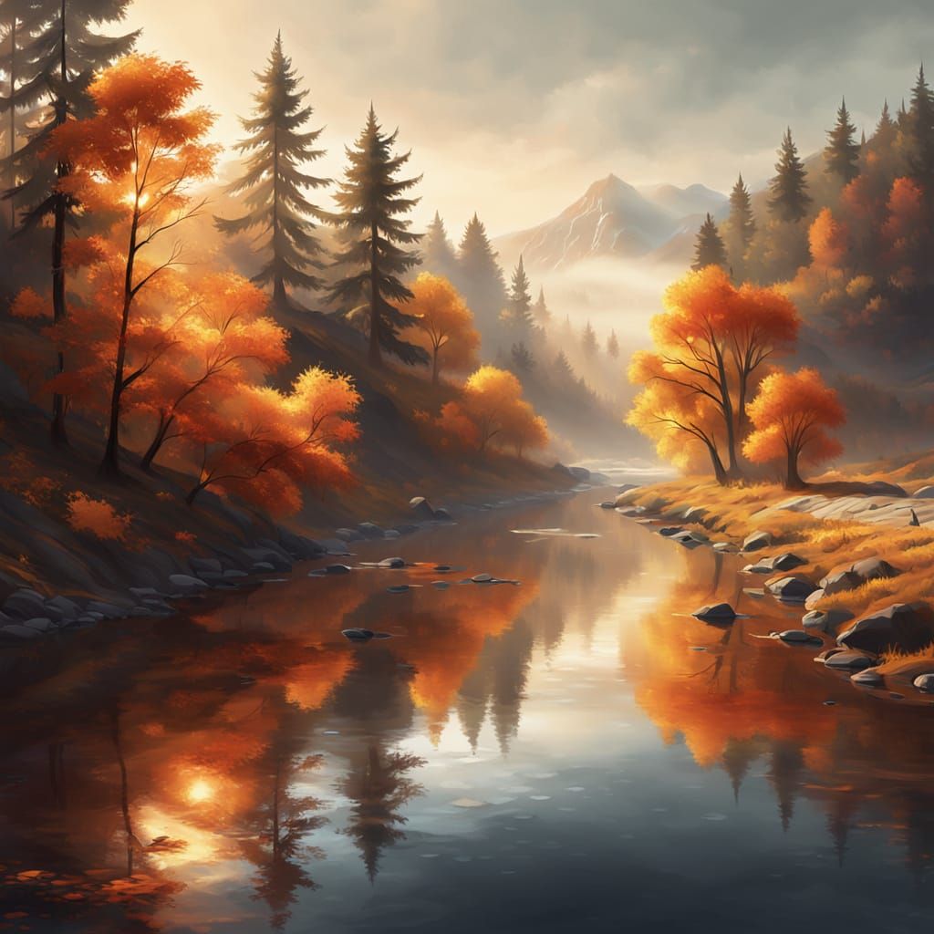 Serene Autumn River Landscape in Warm Golden Light