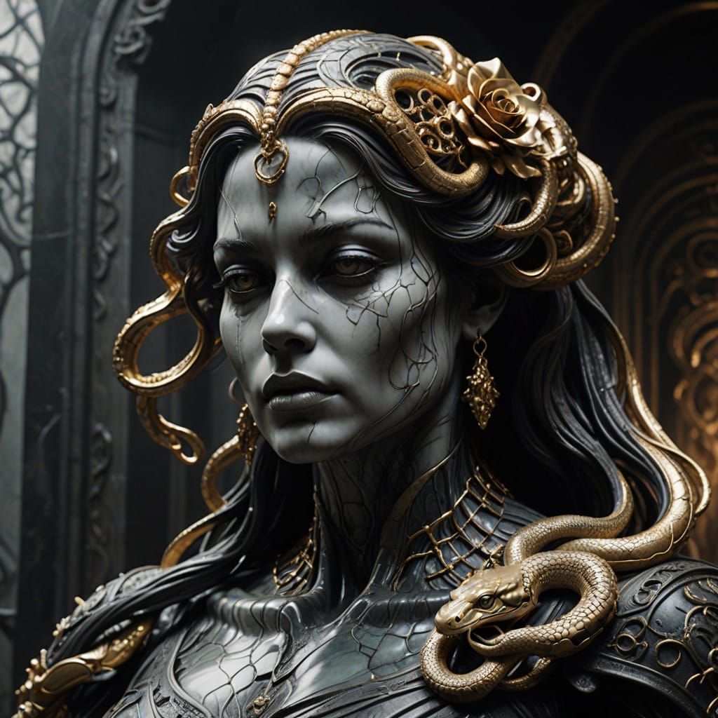 Majestic Marble Statue of a Serene Femme Fatale in a Dreamli...