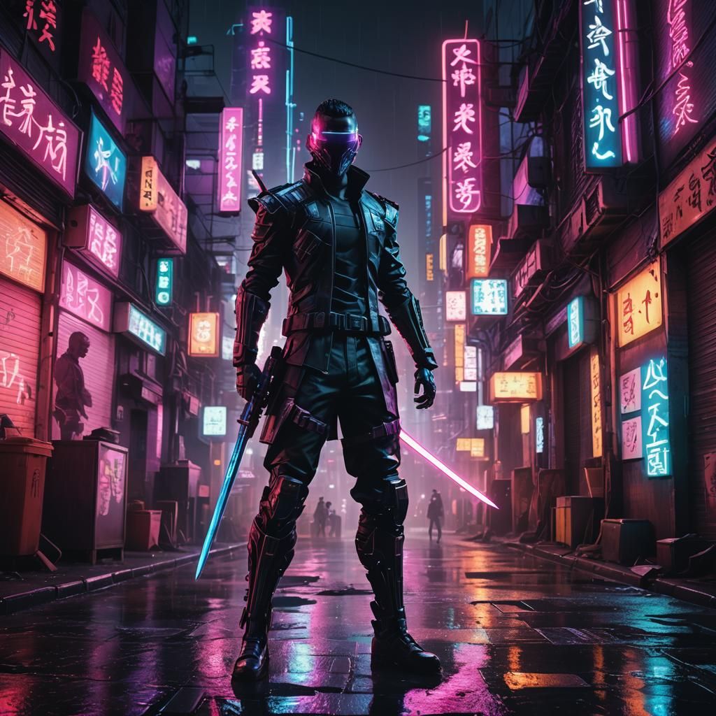 Cyberpunk Assassin Ready for Battle in Neon City