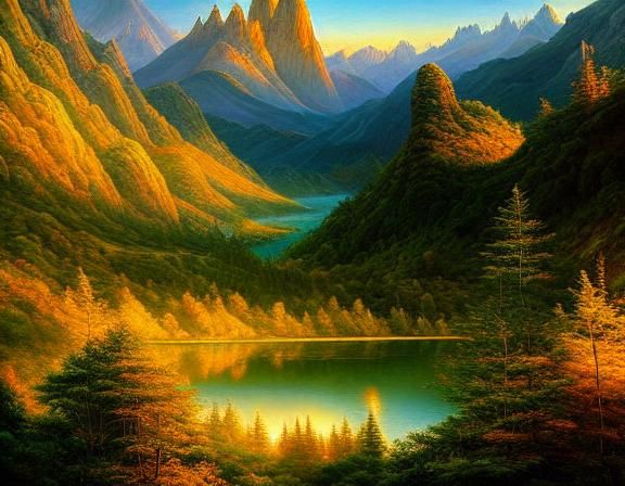 Elven Mountains in Golden Sunset: Hyperdetailed Oil Painting