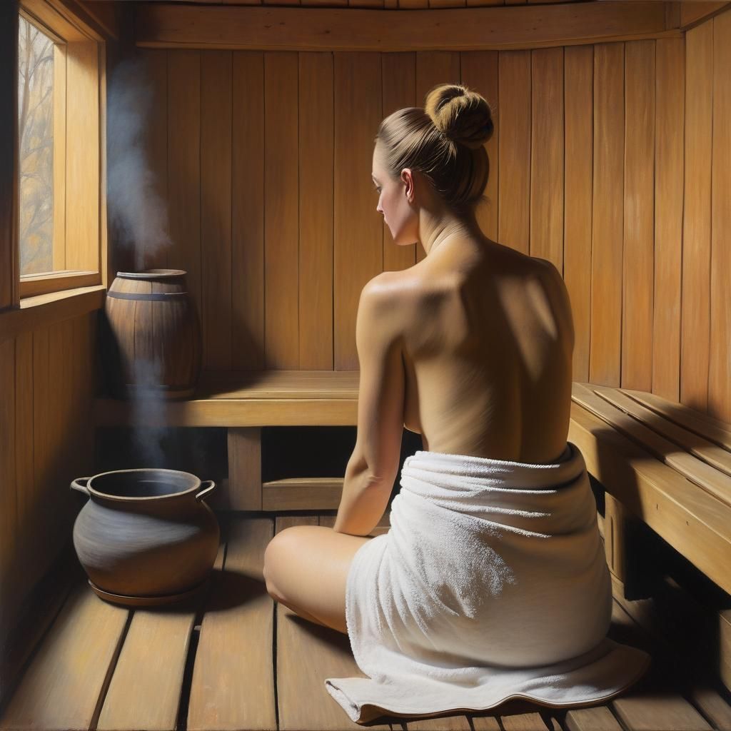 Finnish Sauna Woman in Impressionist Pastel Style