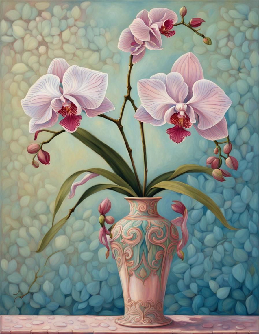 Orchids in Art Nouveau Vase, Pastel Painting