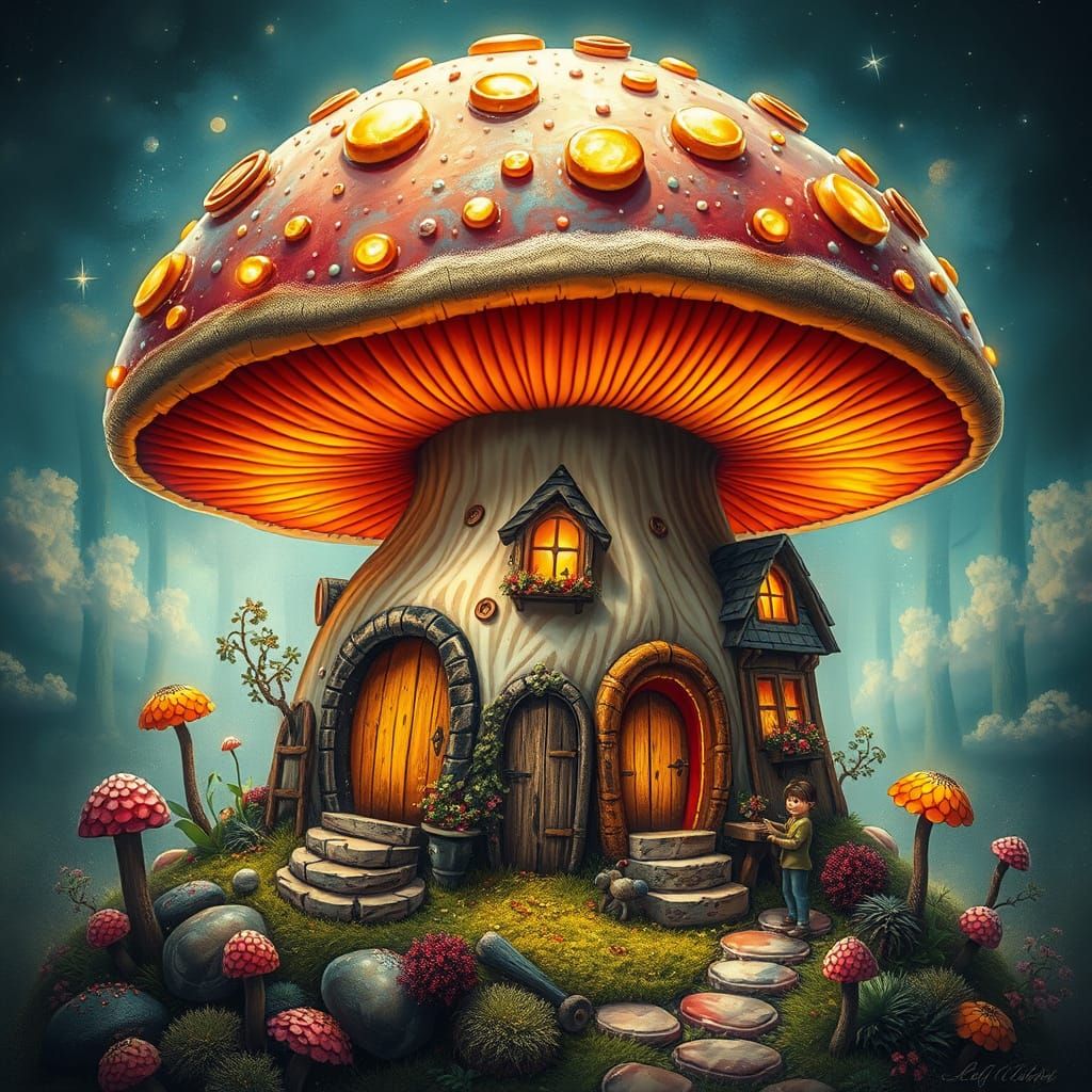 Whimsical Mushroom House with Vibrant Graffiti Art