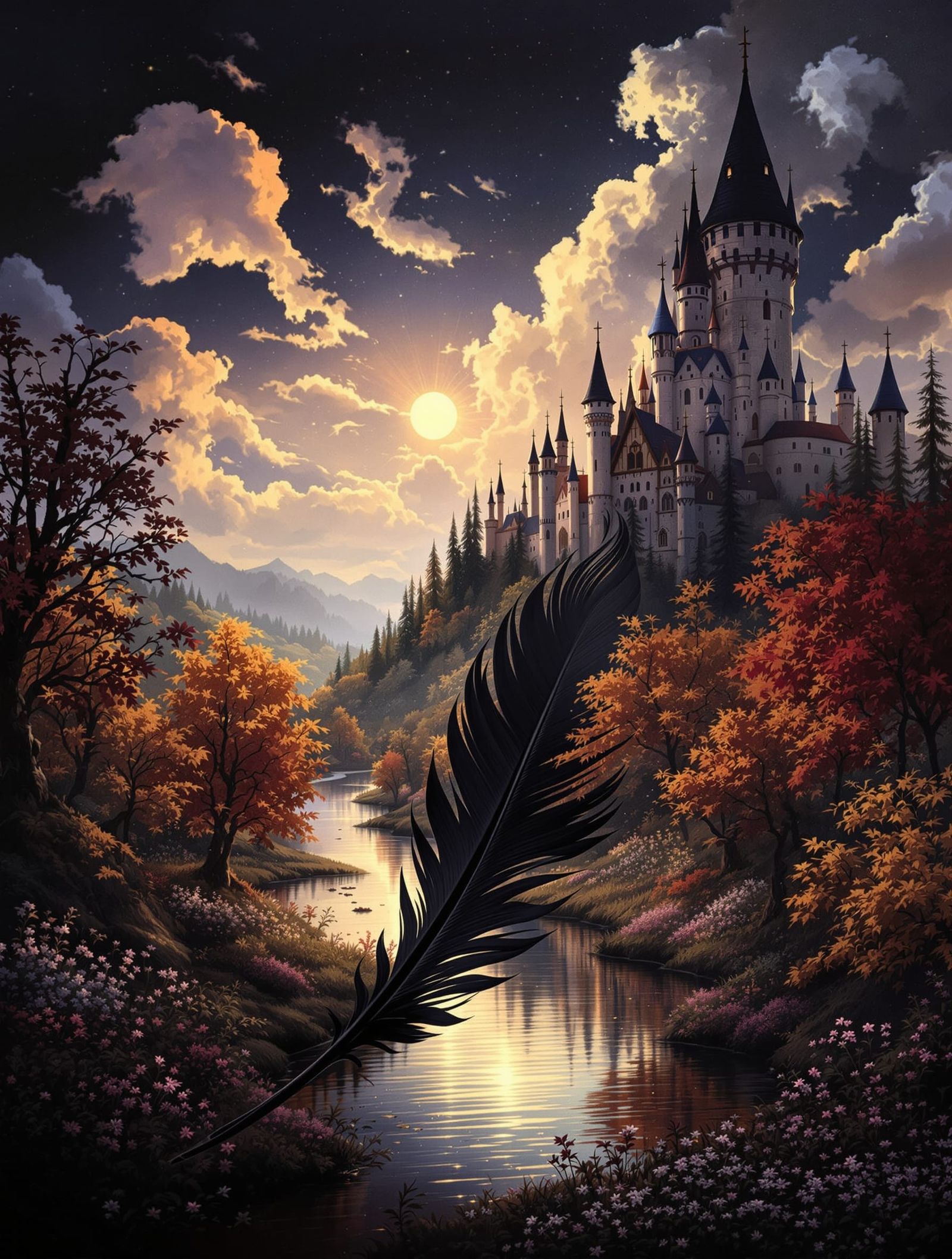 Feather Holds Serene Autumn Landscape with Whimsical Castle