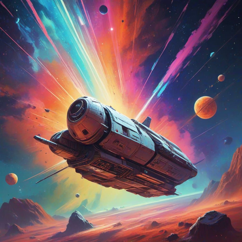 Retro Sci-Fi Spaceship in Vibrant Nebulae