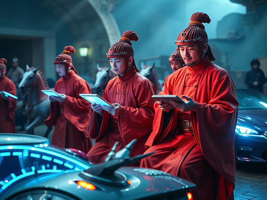 Cyborg Terracotta Warriors in a Cyberpunk Style