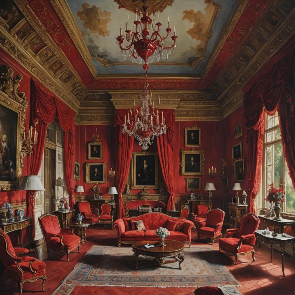 Opulent Red Drawing Room in Oil Painting Style